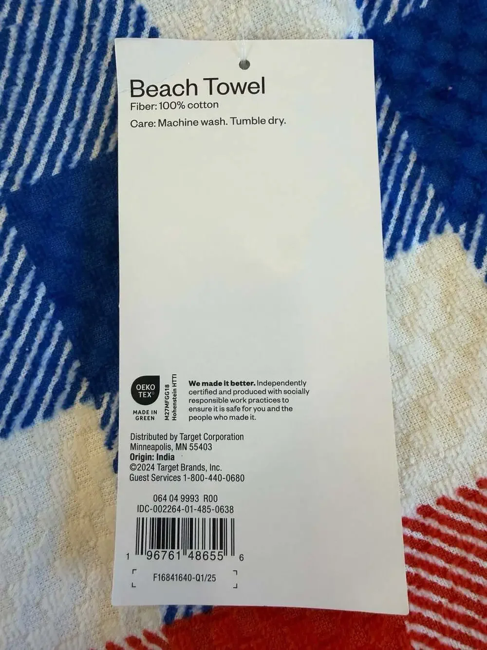 Room Essentials Extra Long Gingham Beach Towel Red and Blue New